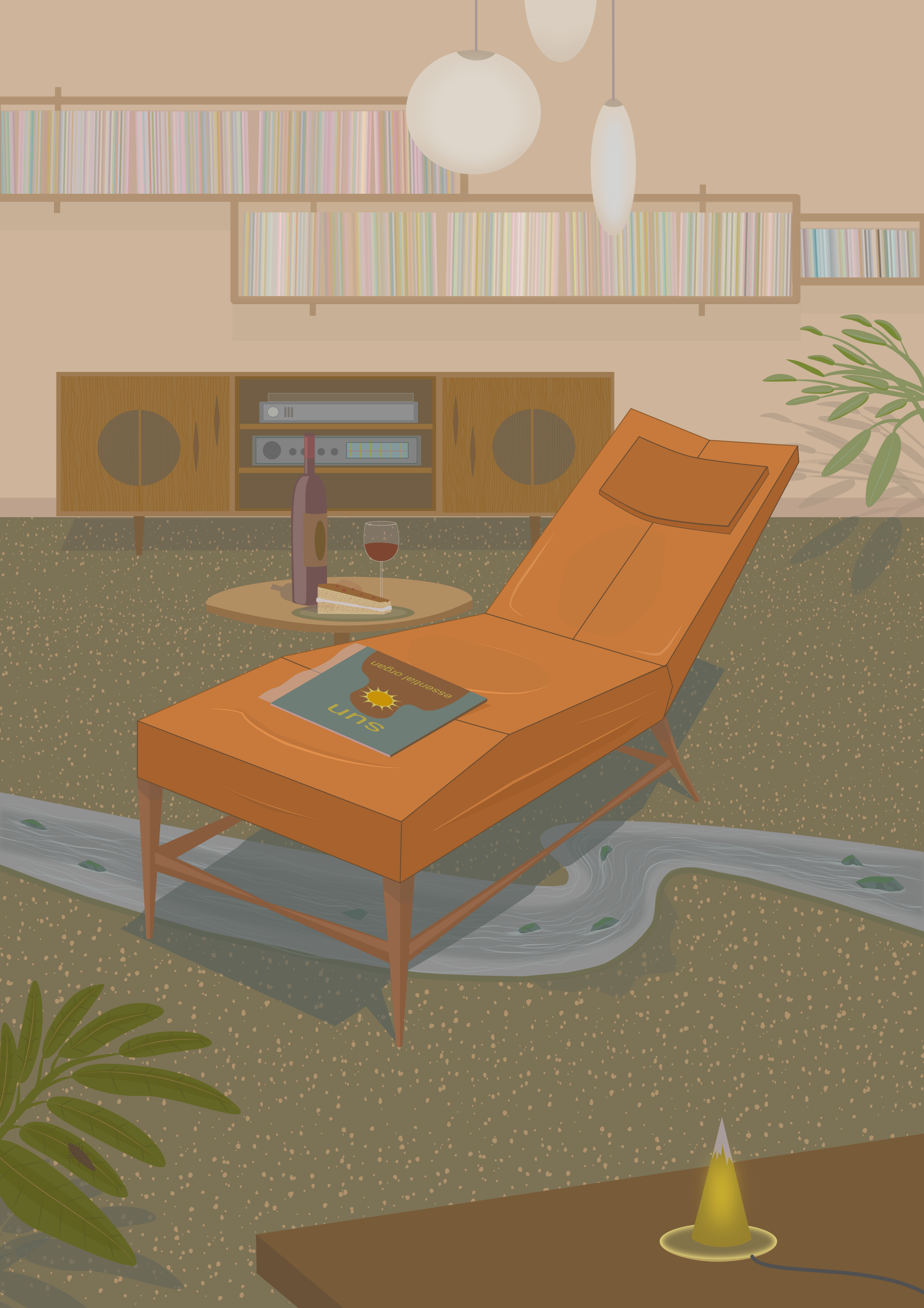 digital artwork of mid century inspired interior with music. LP, wine and chair